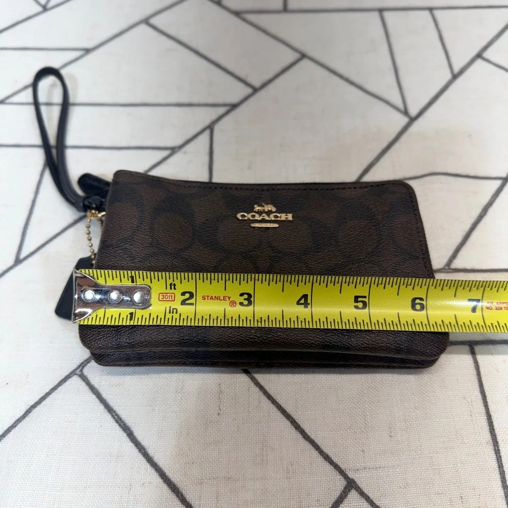 Coach Double Zip Wristlet Small Brown Signature Canvas Monogram Clutch